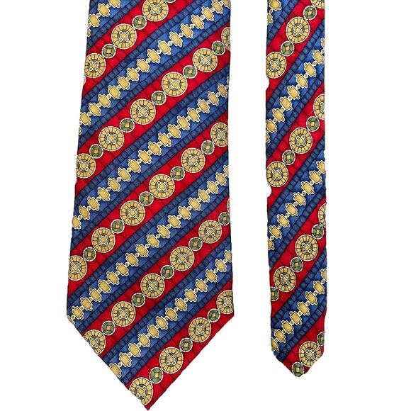Metropolitan Museum Of Art Tie Silk Red Blue Gold Medallion Stripe Print 4"x58" - Picture 1 of 6